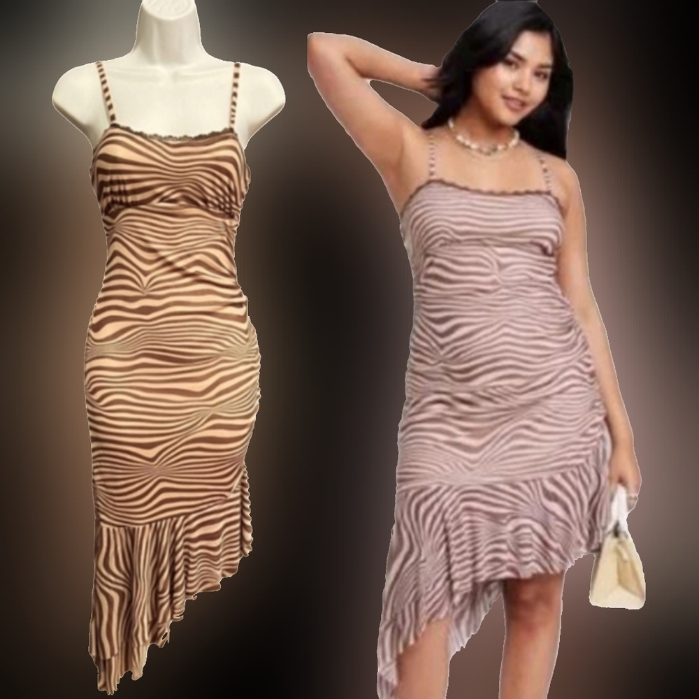 Wild fable Y2K ins crm brown zebra animal print asymmetrical ruffle dress L NWT